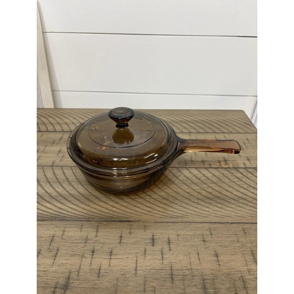 Corning Visions Small Skillet  Amber & Lid .5 L Capacity USA Vintage VTG